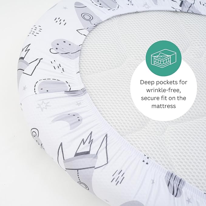 TansyPanda Bassinet Sheets for Bellababy, Besrey, AMKE, and Milliard Bedside Bassinet Sleeper, 3PC, 18 x 30 Inch, Ultra Soft, Breathable, Snug Fit, Unisex Boys, Girls, Gray White (Space Rockets)
