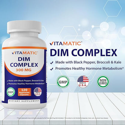 Vitamatic DIM Supplement Complex for Women & Men - 300mg - 120 Veg Capsules - Made with Black Pepper, Broccoli Powder & Kale Powder - Non-GMO & Gluten Free - Supports Hormonal Balance