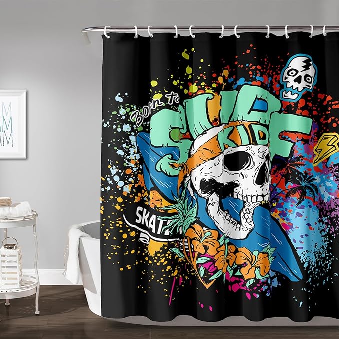 AILONEN Surf Skull Shower Curtain for Bathroom,Colorful Graffiti Flower Art Bathroom Curtain for Kids Boys Girls,Bath Curtain 48" W*72" H Polyester Waterproof Bathroom Curtain with 12 Hooks