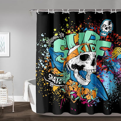 AILONEN Surf Skull Shower Curtain for Bathroom,Colorful Graffiti Flower Art Bathroom Curtain for Kids Boys Girls,Bath Curtain 48" W*72" H Polyester Waterproof Bathroom Curtain with 12 Hooks