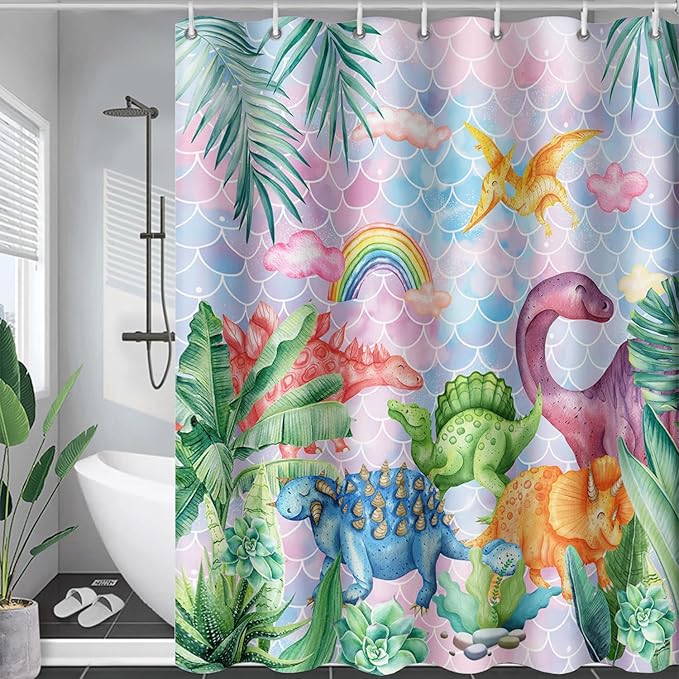 AILONEN Girls Dinosaur Shower Curtain 72" W*96" H for Bathroom,Cute Dinosaur Bathroom Shower for Kids Girls,Cartoon Dinosaur Rainbow Bath Curtain Polyester Waterproof Shower Curtain with 12 Hooks