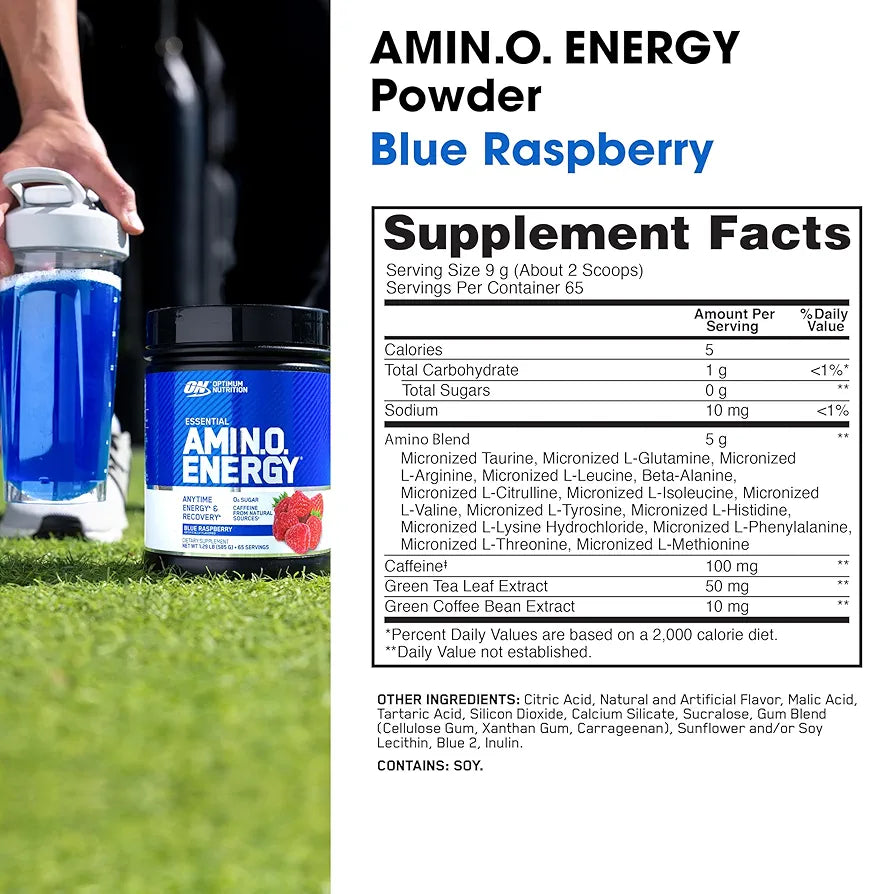 Optimum Nutrition Amino Energy - Pre Workout with Green Tea, BCAA, Amino Acids, Keto Friendly, Green Coffee Extract, Energy Powder - Blue Raspberry, 65 Servings 