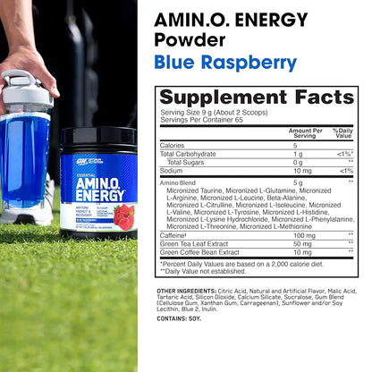 Optimum Nutrition Amino Energy - Pre Workout with Green Tea, BCAA, Amino Acids, Keto Friendly, Green Coffee Extract, Energy Powder - Blue Raspberry, 65 Servings 