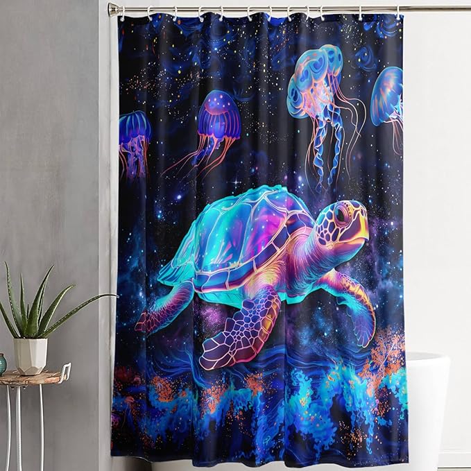 AILONEN Colorful Sea Turtle Shower Curtain for Bathroom,Beautiful Turtle with Jellyfish Bath Curtain for Kids,Boys,Girls,Ocean Animal Waterproof Fabric Shower Curtain Set with Hooks,72" W*96" H