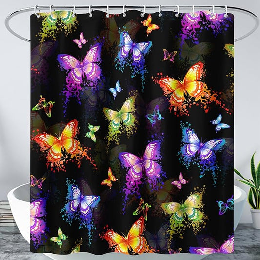 AILONEN Butterfly Shower Curtain for Bathroom, Colorful Butterfly Polyester Waterproof Bath Curtain,Modern Fashion Minimalist Shower Curtain with 12 Plastic Hooks,Black 72" W*78" H
