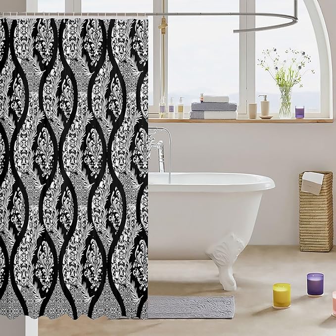 Feelyou Damask Pattern Shower Curtain 72"x84" Kids White Vintage Floral Bathroom Shower Curtain Set for Boys Girls Teens Black Geometric Stripe Bath Curtain Baroque Style Bathroom Accessories