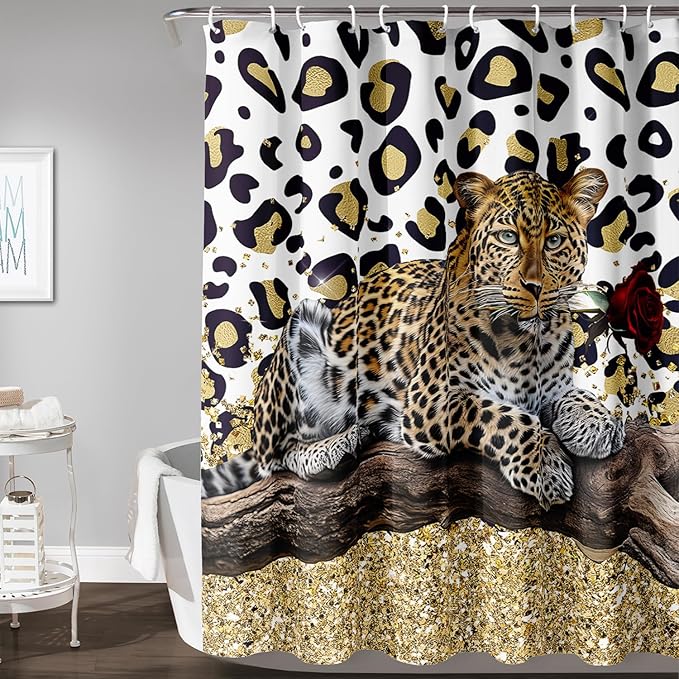 AILONEN Leopard Shower Curtains for Bathroom,Rose Leopard Bath Shower Gifts for Lover,Wild Animal Curtains Polyester Waterproof with 12 Plastic Hooks 72" W*84" H