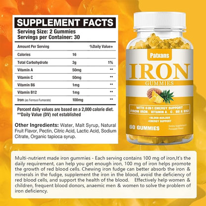 2 Packs 100MG Iron Supplement Gummies for Women & Men - with Vitamin A, C, B - Blood Builder ＆ Energy Support for Iron Deficiency, Anemia, Adults ＆ Children, Vegan, Pineapple Flavor Gummy, 120ct