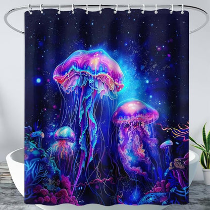 AILONEN Jellyfish Shower Curtain,Cartoon Magic Jellyfish Waterproof Fabric Shower Curtain Set for Bathroom,Boho Style Starry Night Coral Bath Curtain with Hooks for Kids Girls, 72" W*84" H
