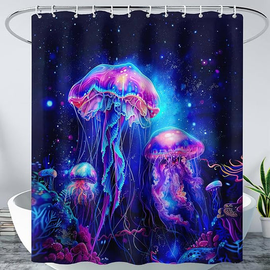 AILONEN Jellyfish Shower Curtain,Cartoon Magic Jellyfish Waterproof Fabric Shower Curtain Set for Bathroom,Boho Style Starry Night Coral Bath Curtain with Hooks for Kids Girls, 72" W*84" H