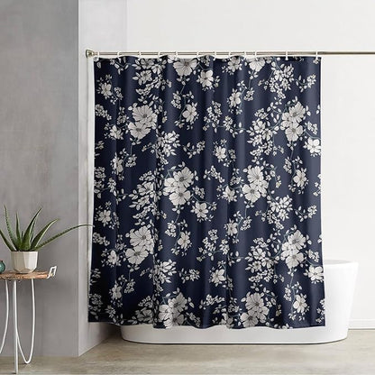 AILONEN Luxuriant Flowers Shower Curtain,White Flower on Black Background Waterproof Shower Curtain Set for Girls Boys Teens, 72" W*78" H Patchwork Flower Shower Curtain