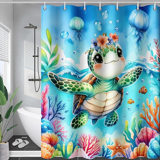 AILONEN Sea Turtle Shower Curtain for Bathroom,Cute Ocean Turtle Shower Curtain with 12 Plastic Hooks,Colorful Coral Jellyfish Print Bath Curtain Polyester Waterproof 72" W*78" H
