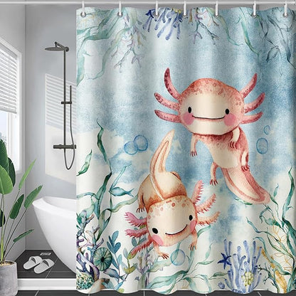 AILONEN Cute Axolotl Shower Curtains,Seaweed Salamander Bath Curtain for Kids Bathroom Decor,Polyester Waterproof with 12 Plastic Hooks 72" W*84" H