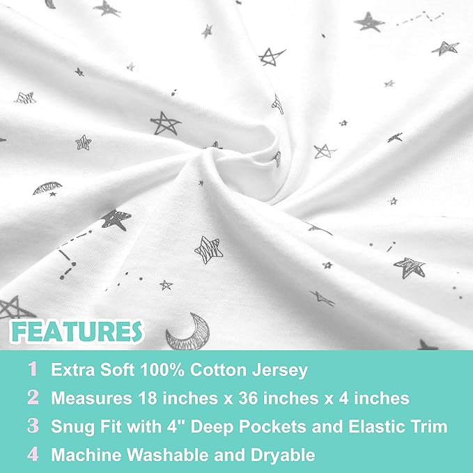 TL Care Printed 100% Natural Cotton Jersey Knit 18 x 36 Cradle/Bassinet Sheet - Fitted, Gray Stars and Moons, Soft Breathable, for Boys and Girls (Pack of 2)