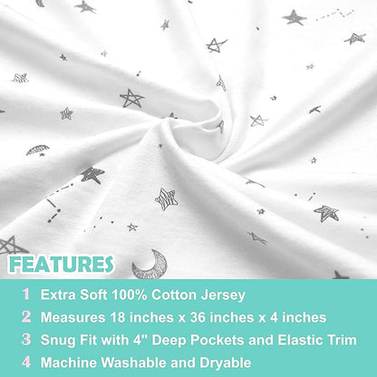 TL Care Printed 100% Natural Cotton Jersey Knit 18 x 36 Cradle/Bassinet Sheet - Fitted, Gray Stars and Moons, Soft Breathable, for Boys and Girls (Pack of 2)