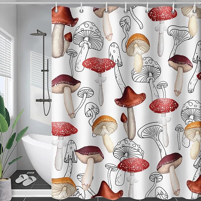 AILONEN Cartoon Mushroom Shower Curtain,Modern Shabby Chic Plants Fungus Themed Waterproof Bath Curtain,Minimalist Curtain for Bathroom Decor, 36" W x 72" H
