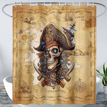 AILONEN Pirate Skull Shower Curtain for Bathroom,Vintage Ocean Nautical Bath Curtain Decoration,Pirate Captain Old Map Print Waterproof Shower Curtain with 12 Plastic Hooks, 72" W*72" H