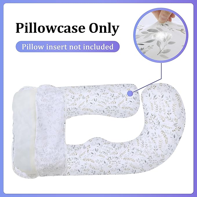 Floral Soft Pregnancy Pillow Cover (ONLY Pillowcase), U Shaped Luxurious Velvet Maternity Pillow Cover with Hidden Zip, Warm Large Pillow Protector for Side Sleeper, White, 58x32 in