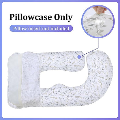 Floral Soft Pregnancy Pillow Cover (ONLY Pillowcase), U Shaped Luxurious Velvet Maternity Pillow Cover with Hidden Zip, Warm Large Pillow Protector for Side Sleeper, White, 58x32 in