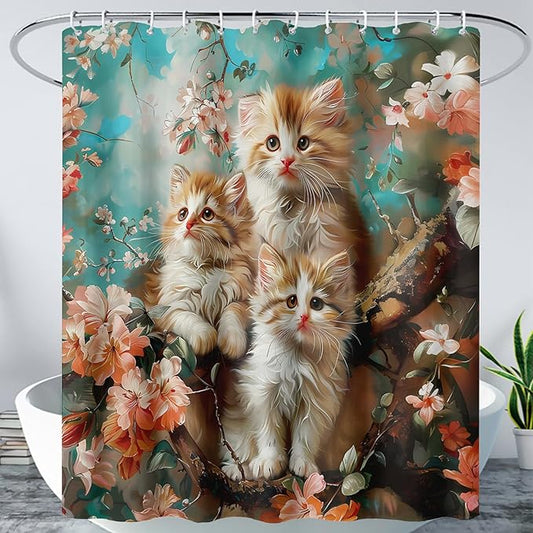 AILONEN 3D Kawaii Cat Shower Curtain Set,Cat Lovers Animal Waterproof Fabric Bath Curtain for Kids Girls Boys,Pink Cherry Blossom Shower Curtains for Bathroom Decor, 72" W*84" H