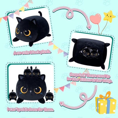 Black Cat Plush Cute Cat Stuffed Animal with 4 Baby Soft Pillow Christmas, Thanksgiving, Birthday Gift for Girls Boys Kids Decor