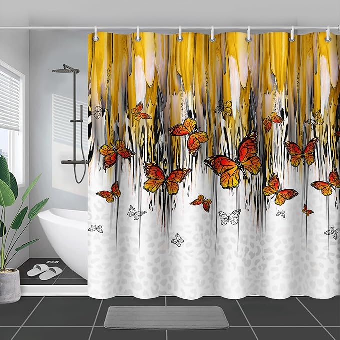 AILONEN Butterfly Shower Curtain for Bathroom Yellow Ink Fluid Painting Grey Leopard Bath Curtain 60" W*72" H Polyester Fabric Waterproof Bathroom Curtain with 12 Hooks