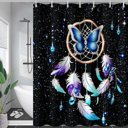 AILONEN Butterfly Dreamcatcher Shower Curtain, Blue Starry Galaxy Butterfly Bath Curtain,Dream Catcher Feather Print Waterproof Bathroom Curtain with 12 Plastic Hooks for Girls Women 72" W*78" H