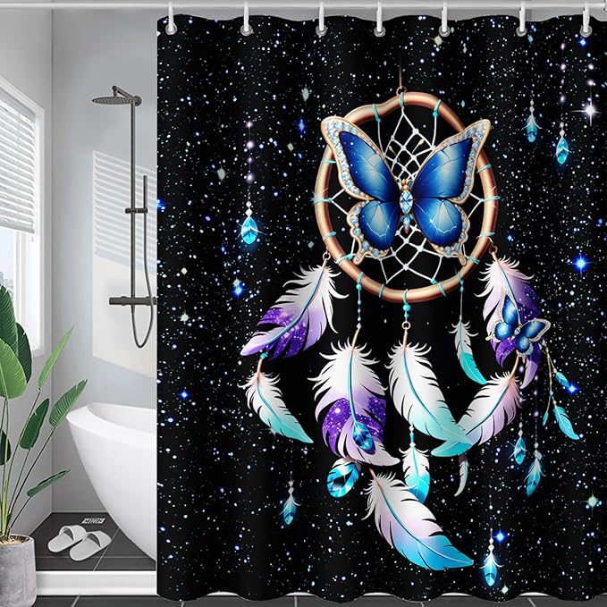 AILONEN Butterfly Dreamcatcher Shower Curtain, Blue Starry Galaxy Butterfly Bath Curtain,Dream Catcher Feather Print Waterproof Bathroom Curtain with 12 Plastic Hooks for Girls Women 72" W*96" H