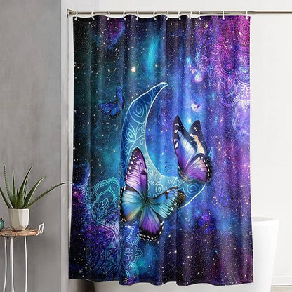 AILONEN Butterfly Shower Curtain, Mystic Moon Cloth Bath Curtain Set for Teen Adults Bathroom,Beautiful Purple Butterfly Starry Night Shower Curtain Liner,60" W*72" H