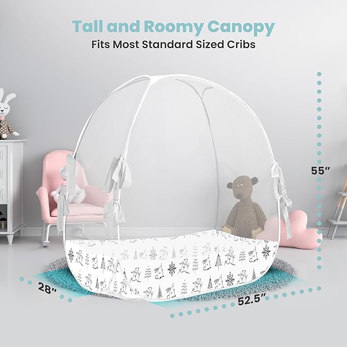 Pop Up Crib Tent, Fine Mesh Netting Cover to Keep Baby from Climbing Out, Falls and Mosquito Bites, Safety Net, Canopy Netting Cover - Sturdy & Stylish Infant Crib Topper - Winter Vibes
