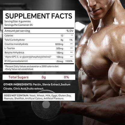 140 Count Creatine Monohydrate Gummies, 5000mg Creatine Monohydrate No Sugar Gummies for Women & Men with L-Taurine, Vitamin B12 for Muscle Strength, Muscle Recovery, Glute Builder, Energy Boost