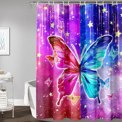 AILONEN Butterfly Shower Curtain,Red and Blue Butterfly Bath Curtain,Tie Dye Starry Rainbow Modern Decorative Shower Curtain with 12 Plastic Hooks (Kids/Girls/Women/Teen/) 60" W*72" H