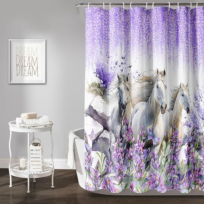 AILONEN Horse Shower Curtain for Boys Girls, Purple Lavender Flower Bath Curtain 72" W*96" H Galloping Horse Bathroom Curtain Polyester Waterproof Watercolor Bathroom Curtain with 12 Hooks