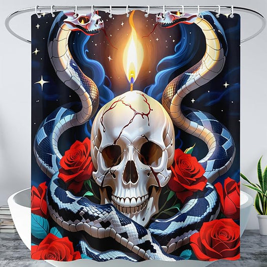 AILONEN Skull Shower Curtain for Bathroom,Red Rose Terror Snake Skull Bath Curtain,Goth Skull Skeleton Print Waterproof Curtain with 12 Plastic Hooks, 72" W*78" H