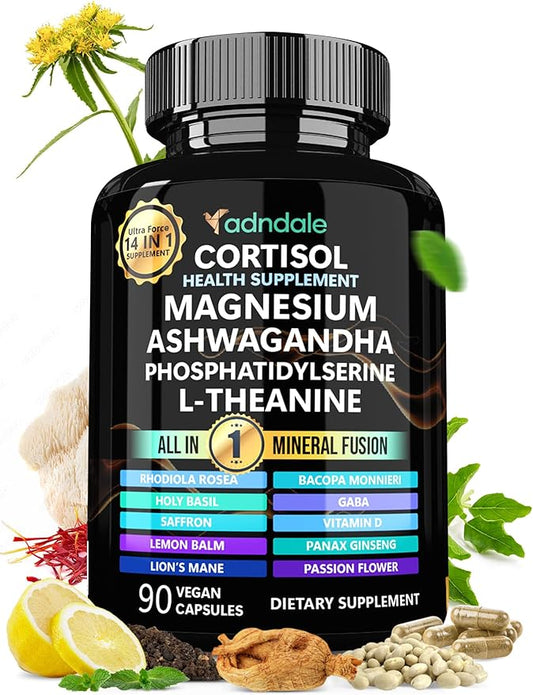14-in-1 Cortisol Health Supplement with Ashwagandha, Magnesium Glycinate, Rhodiola, L-Theanine, Holy Basil & More. Cortisol Supplements for Women Support Stress Management & Stamina. 90 Capsules.