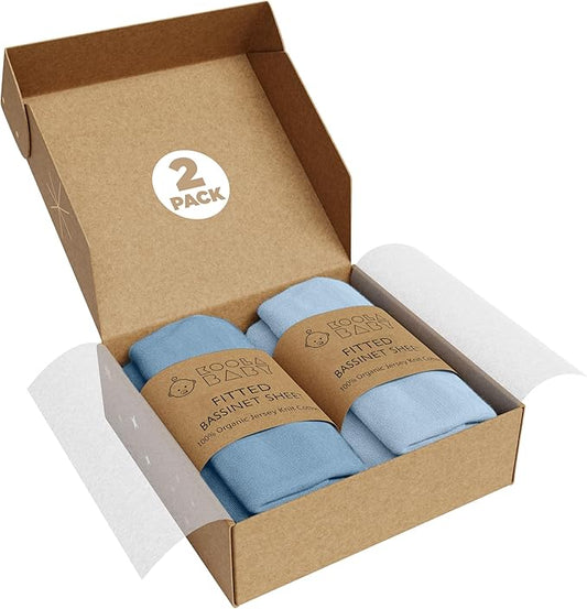 Bassinet Fitted Sheets - Compatible with Ingenuity Foldaway Rocking & Lullanight Soothing | 100% Organic Jersey Cotton - Light Blue + Dark Blue | 32x19 (2 Pack)
