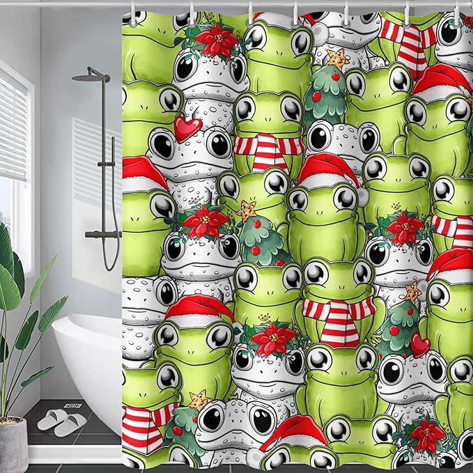 AILONEN Cute Cartoon Frog Shower Curtain,Funny Frog White Green Animal Frog Bath Curtain for Kids Boys Girls,Waterproof Curtain for Bathroom with 12 Plastic Hooks, 60" W x 72" H
