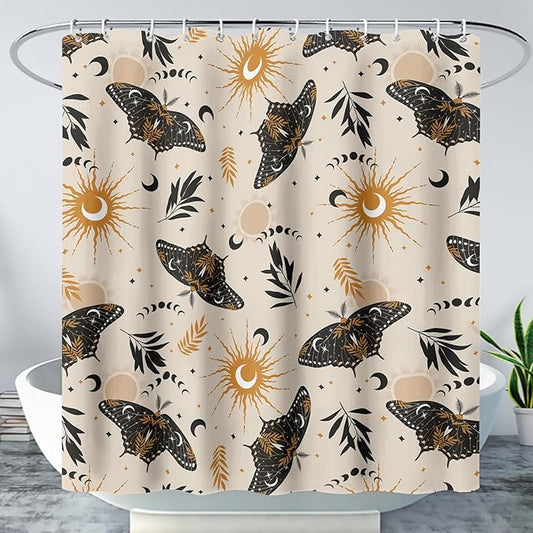 AILONEN Moth Shower Curtain,Sun and Moon Death Moth Bath Curtain for Bathroom Decor,Polyester Waterproof with 12 Plastic Hooks 72" W*72" H