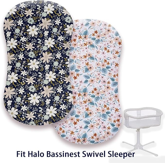 Premium Cotton Bassinet Sheets, Fit for Halo Bassinest Swivel Sleeper, 2 Pack Hourglass Bassinet Mattress Sheet Set for Baby Girls, Soft Breathable Safe, Blossom