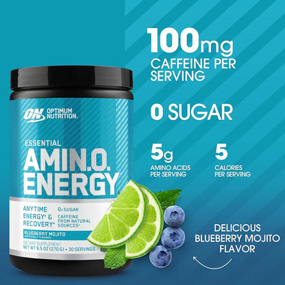 Optimum Nutrition Amino Energy - Pre Workout with Green Tea, BCAA, Amino Acids, Keto Friendly, Green Coffee Extract, Energy Powder - Blueberry Mojito, 30 Servings 