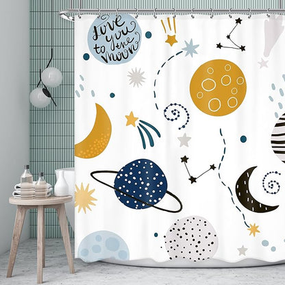 Kids Boys Shower Curtain Cartoon Planet Cute Universe Galaxy Space Moon Kid Shower Curtain Bathroom Set Baby Print Cosmos for Boys Girls Kids Bath Curtain Accessories Decor 60Wx72L