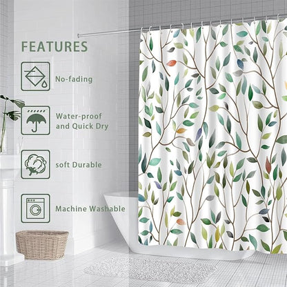Boho Sage Green Floral Shower Curtain, Spring Summer Colorful Botanical Flower Leaves Bohemian Fabric Shower Curtain Set with 12 Hooks, Bathroom Accessories Decor Cloth Curtain 72x72 Inches