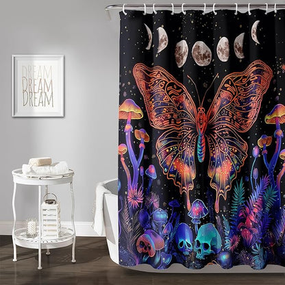 AILONEN Colorful Butterfly Shower Curtain,Magic Mushroom Waterproof Fabric Bath Curtain for Kids Girls,Boho Sun and Moon Skull Shower Curtain Set for Bathroom 60" W*72" H
