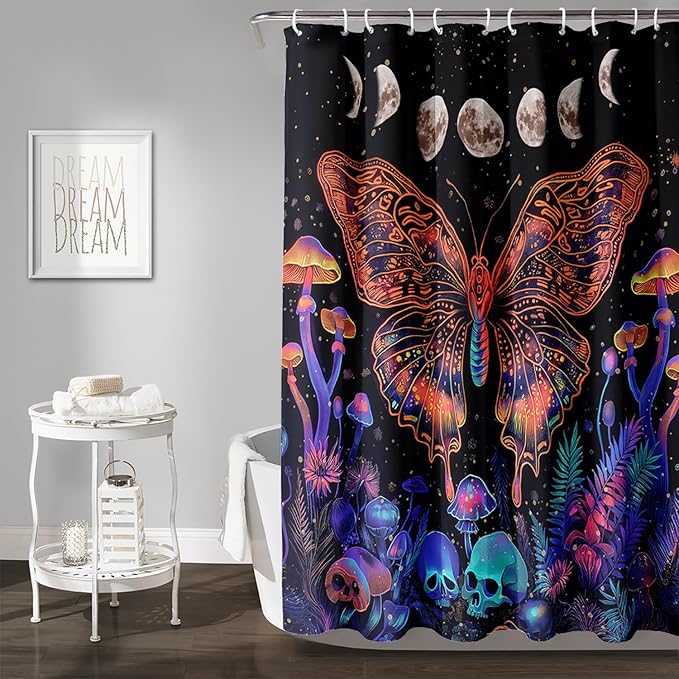 AILONEN Colorful Butterfly Shower Curtain,Magic Mushroom Waterproof Fabric Bath Curtain for Kids Girls,Boho Sun and Moon Skull Shower Curtain Set for Bathroom 36" W*72" H