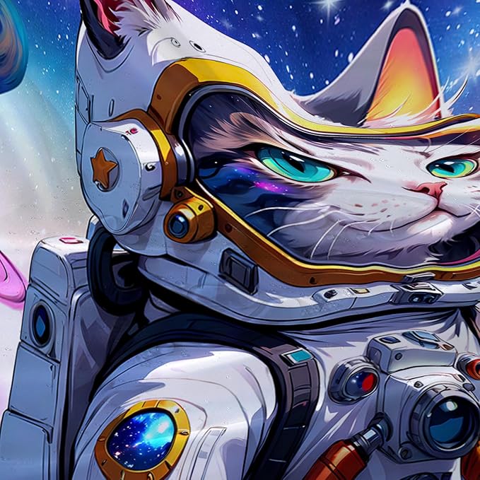 AILONEN Cartoon Astronaut Cat Shower Curtain Set for Kids Boys, Rainbow Rocket Waterproof Fabric Shower Curtain Curtain for Bathroom,Joyful Cat Galaxy Planet Shower Curtain Liner,72" W*72" H