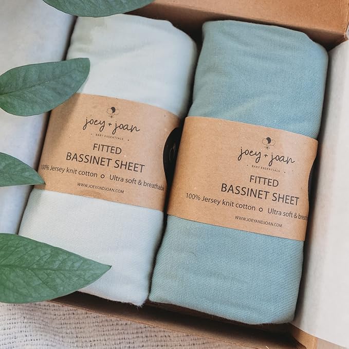 Joey + Joan Bassinet Fitted Sheets 19" x 32" for Cowiewie & Mika Micky Bedside Sleeper Bassinet Mattress Pad – Snuggly Soft 100% Jersey Cotton – Light + Dark Sage Green – 2 Pack