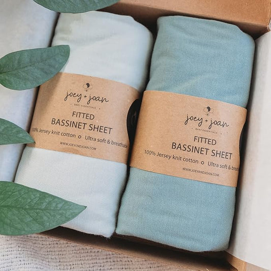 Joey + Joan Bassinet Fitted Sheets 19" x 32" for Cowiewie & Mika Micky Bedside Sleeper Bassinet Mattress Pad – Snuggly Soft 100% Jersey Cotton – Light + Dark Sage Green – 2 Pack