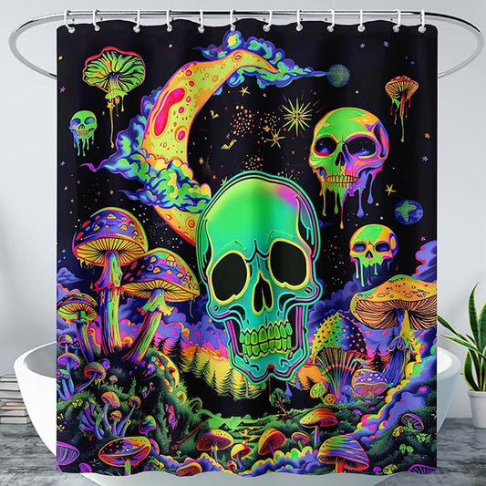 AILONEN Mushroom Skull Shower Curtain for Bathroom, Green Starry Moon Skull Bath Curtain,Fantasy Fungus Skeleton Decor Bathroom Waterproof Curtain with 12 Plastic Hooks, 72" W*84" H