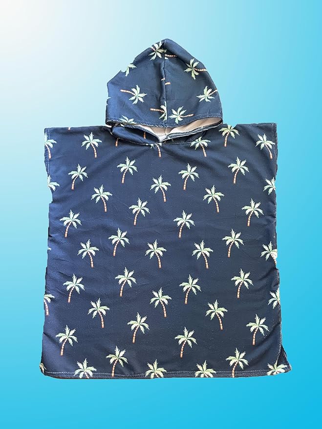 Kids Hooded Towel Poncho - Kids Beach Poncho - Kids Surf Poncho - Kids Pool Towel - Kids Beach Towel - Swim Coverup For Kids - Kids Beach Towel Poncho (Navy Blue Palm Trees)