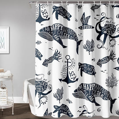 AILONEN Whale Shower Curtain Cartoon Gull Sea Turtle Octopus Bath Curtain Ocean Animal Blue Printed Shower Curtain 48" W*72" H Minimalist Bathroom Curtain Polyester Waterproof Curtain with 12 Hooks